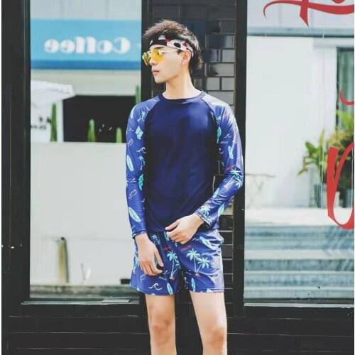 Mens Two Piece Swimsuit Floral Printed Swiming Suit Long Sleeve Top Beach Swimwear M-XXXL