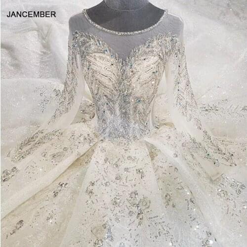 HTL1986 Elegant Extravagant Sequin Crystal Pearls Wedding Dress 2020 V-Neck Long Sleeve Lace Up Back