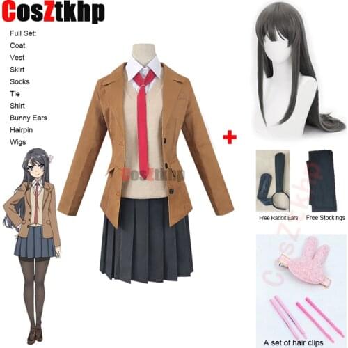 Anime Sakurajima Mai Cosplay Costume Rascal Does Not Dream of Bunny women Girl Senpai Mai Cosplay Wig and Bunny Ears Headwear