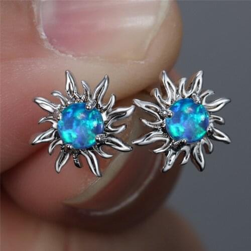 Classic Silver Color Small Sun Stud Earrings Charm Female White Blue Round Opal Earrings Trendy Bride Wedding Earrings For Women