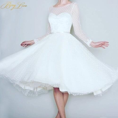 Cheap Short Prom Dress Tea Length Dot Tulle Bridal Gowns Long Sleeves Wedding Dress Puffy A line Sweetheart Homecoming Dresses