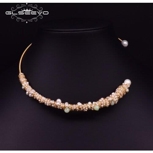 GLSEEVO Natural Blue Stone Fresh Water Pearl Chokers Necklaces For Women Necklaces Luxury Fine Jewelry Bisuteria Mujer GN0050