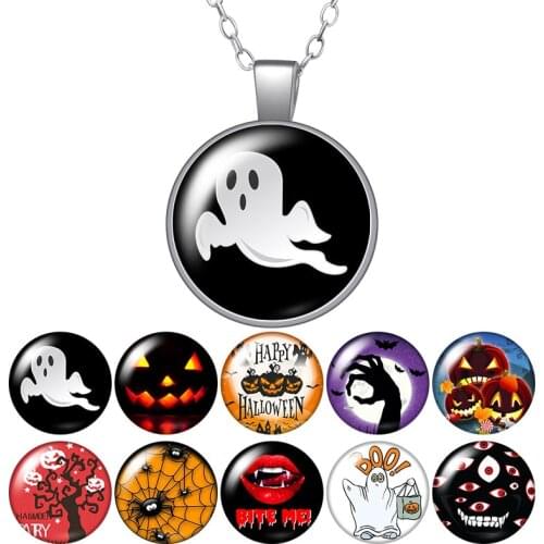 Halloween Pumpkin ghost trick or treat Round Pendant Necklace 25mm Glass Cabochon Women Girl Jewelry Party Birthday Gift 50cm