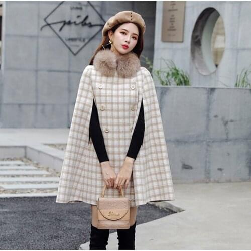 2020 Winter Womens Plaid Woolen Coat Warm Detachable Fur Collar Cloak Double Breasted Fashion Ladies Outcoat Abrigos Mujer Z787