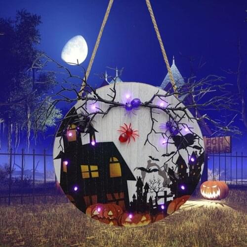 Halloween Spider Hanging Door Sign with LED Light Wooden Wall Plaque Porch Ornament for Farmhouse Decorations