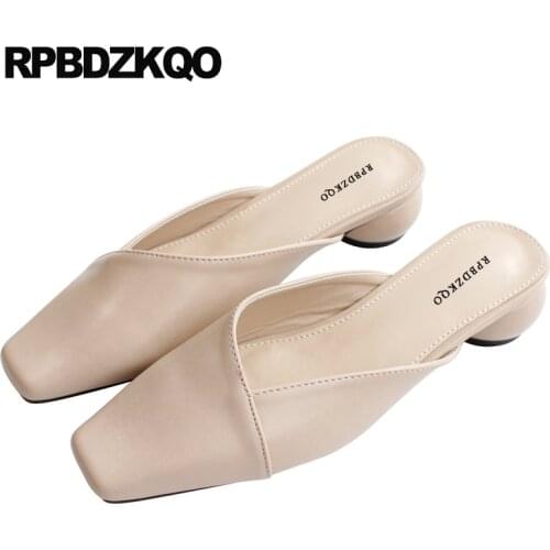 Slides Ladies Low Heel Cheap Chunky Sandals Korean Mules Closed Toe Thick Block Nude Luxury Shoes Women Designer 2021 Slippers