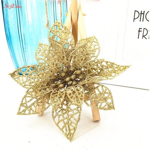 Hot 10Pcs 15CM Glitter Artificial Flowers Christmas Tree Ornaments Decorations Christmas Decorations For Home Christmas Gifts 7Z