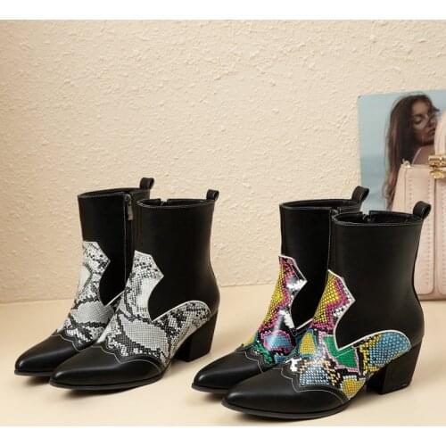 YQBTDL Fashion Pointed Toe Patchwork Colorful Snakeskin Pattern Block Heels Shoes Winter Womens High Heel Ankle Boots Booties 43