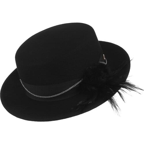 Womens Wool Fedoras Hat Ladies Dome Feather and Chain Decorative Warm Cap Female Church Party Banquet Elegant Retro Hats H7207