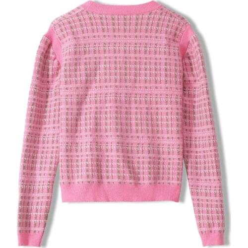 Femmes Jumpers Autumn Runway Designer Pink Women Short Cardigan Female V-neck Vintage Plaid Knitted Fashion Office Lady Coats