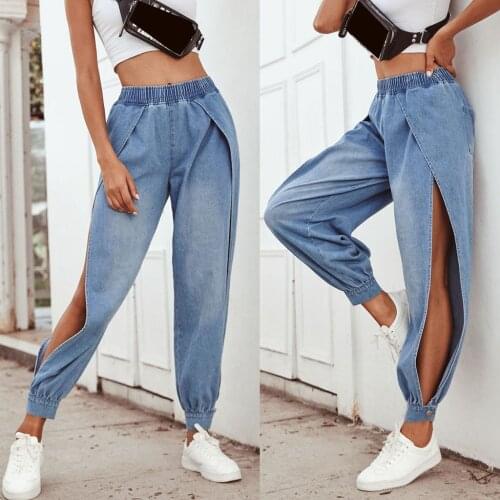 Women jeans Boyfriend jeans for women Denim Split Legs Streetwear High Waist Sports Pants Loose Pants Jeans long light blue