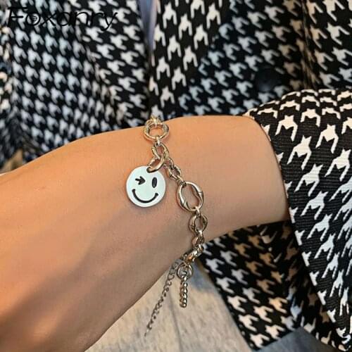 Foxanry 925 Sterling Silver Smiley Face Bracelets for Women Creative Vintage Punk Thicken Chain Bangles Party Jewelry Gifts