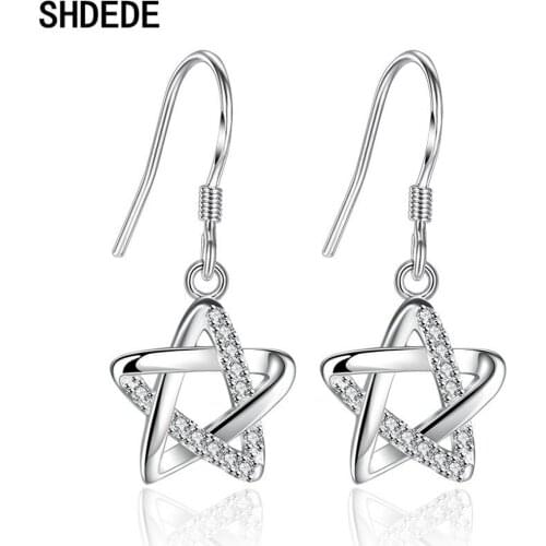 SHDEDE Korea Hot Selling Lady Elegant Fashion Zircon Crystal Dangle Drop Earrings For Women 925 Silver Jewelry Star -WH59