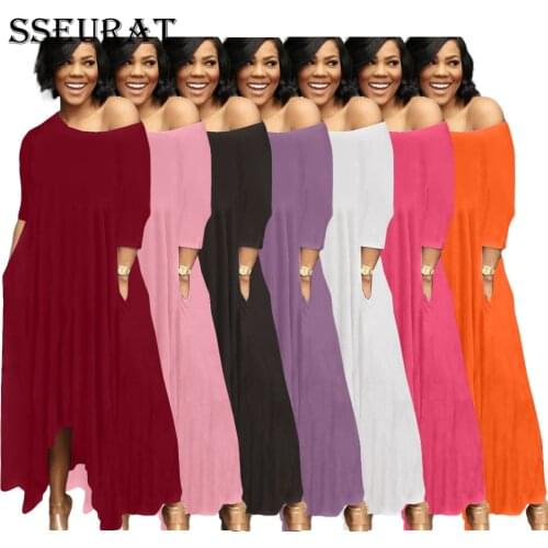 SSEURAT Women Long Dress Solid Short Sleeve Diagonal Collar Pockets Asymmetrical Loose Maxi Dresses Casual Fashion Vestidos