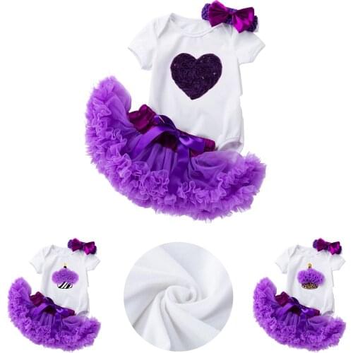 3Pcs 0-24 Months Birthday Infant Toddler Baby Girl Dress Short Sleeve Romper & Purple Tutu Skirt Suit-Kids Clothes Tulle