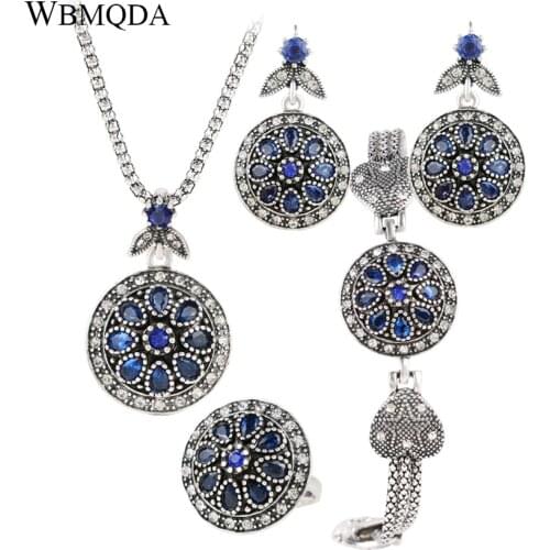 4Pcs/lot Classic Blue Flower Jewelry Sets Vintage Crystal Heart Pentagram Charm Bracelet Necklace Ring Earrings For Women