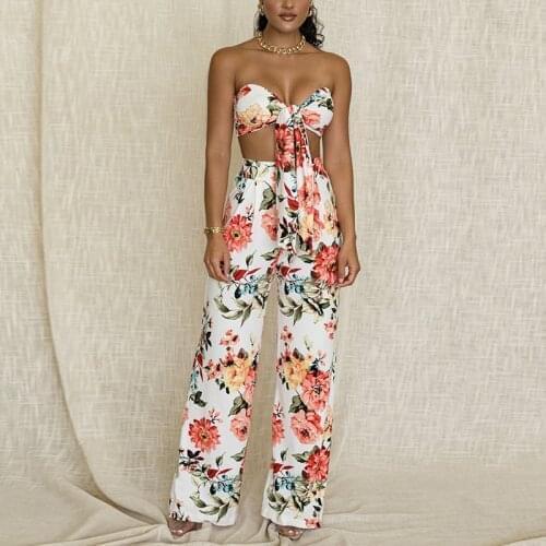 Floral Crop Top Long Pant Two Piece Set Women Summer Sexy Off Shoulder Knotted Tops Wide Leg Pants Party 2 Piece Sets
