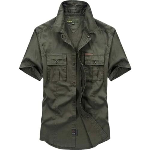 Men Casual Cotton Shirts for Summer Military Army Shirts Loose Short Sleeves Turn Down Collar Solid Colors Male Clothing