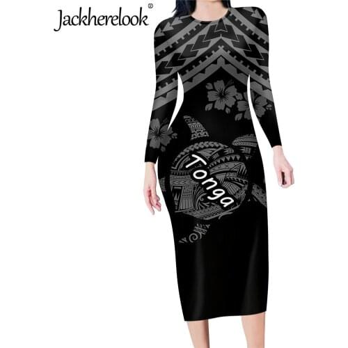 Jackherelook Elegant Slim Party Dresses for Teen Girls Black Samoan Tonga Polynesian Tribal Turtle Print Bodycon Pencil Dress