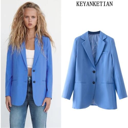 KEYANKETIAN ZA Womens Blue Office Blazer Lapel Pocket Jacket Fashion Casual Loose Solid Color Button Blazer Ladies