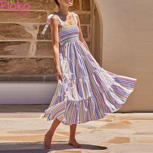 Flokocloset Summer Striped Print Beach Maxi Dress Casual Square Collar Holiday Party Long Sundress for Women 2021