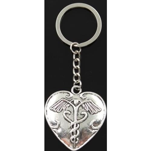 Fashion 30mm Key Ring Metal Key Chain Keychain Jewelry Antique Silver Color Plated Heart Caduceus Medicine 42x40mm Pendant