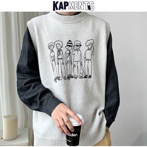 KAPMENTS Men Cartoon Harajuku Sweater Vest 2020 Winter Mens Japanese Streetwear Knitted Sweaters Male Loose Vintage Knitted Vest