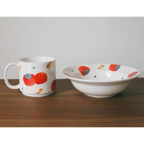 Coffee Mug Set Ceramic Tasse Double Paroi Breakfast Japanese Healing Style Cup Hand-Painted Persimmon Peanut Cap Plate Frascos