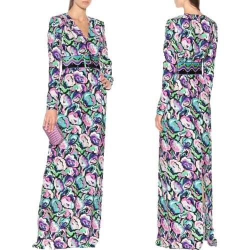 New Womens V Collar Long Sleeved Peony Printing Fashion Sexy Club Stretch Knitted Slim long Dress