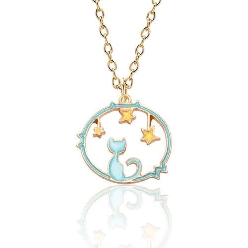 Cute Girls Korea Style Enamel Kitty Star Necklace Women Gold Color Cat in Starry Sky Pendant Necklace Female Jewelry Party Gift
