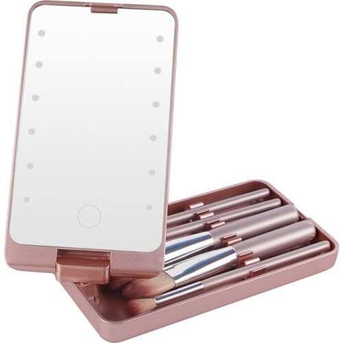 Portable Mini LED Makeup Mirror Touch Screen Rotatable Cosmetics Brushes Storage Box 12 Lights Folding Adjustable Vanity Mirror