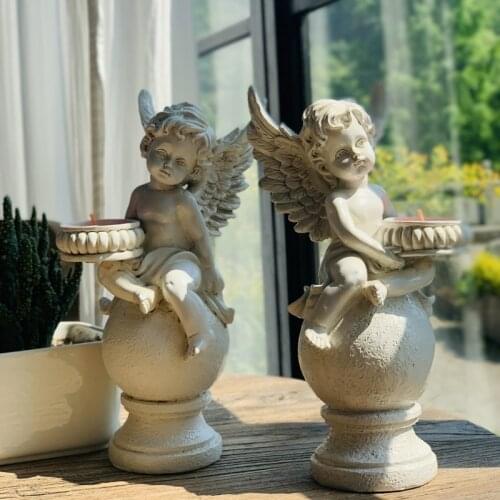 Retro Resin Angel Figure Ornaments Garden Decoration Desktop Angel Sculpture Tea Candle Holder Living Room Cabinet Decor Crafts