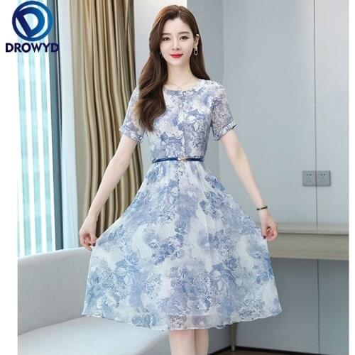 Chiffon Print Dress Female Summer New Women Casual O-Neck Short Sleeve Slim Dress Ladies Temperament Holiday Party Dress Vestido