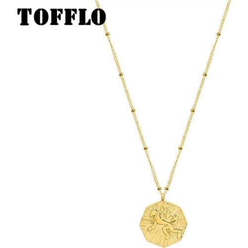 TOFFLO Stainless Steel Jewelry Animal Lion Octagonal Square Pendant Sweater Chain Retro Fashion Necklace BSP792
