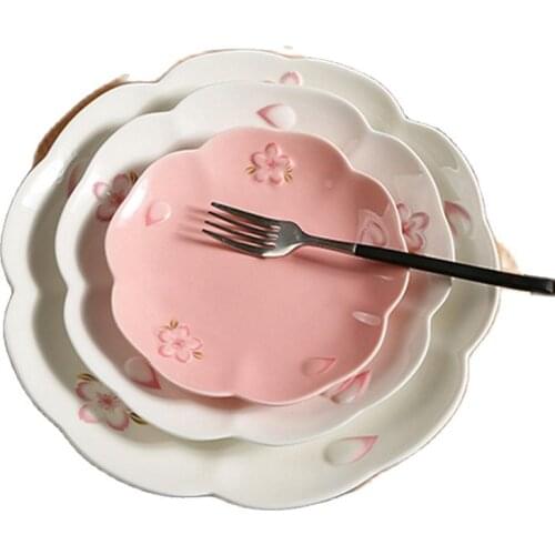Japanese Sakura Salad Plate Pink Embossed Ceramic Plate Household Dinner Dish Steak Tray Disc Plate Ceramic Fruit Plate 6"8"10"
