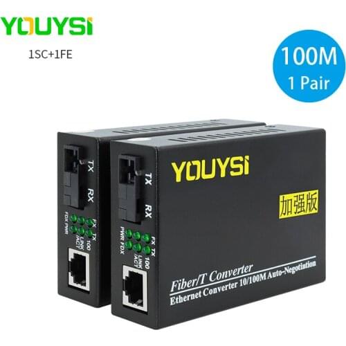 YOUYSI 1 Pair High Quality 20KM Fiber Optical Media Converter 10/100Mbps Single Mode Single Fiber SC Port External Power Supply