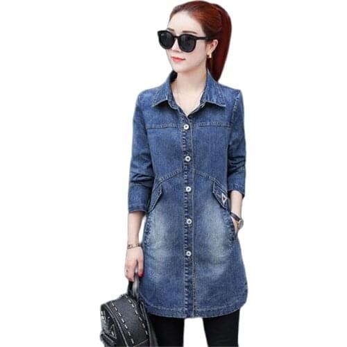 Hot New Womens Denim Jacket Large Size Lapel Single-Breasted Casual Female Windbreaker Spring Autumn Ladies Denim Outerwear