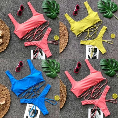 Women High Rise Thong Cut Swimwear Swimsuit Solid Push Up Padded Bikini Sexy Bandage Lace Up Beachwear 2 Pieces Bathing Suit