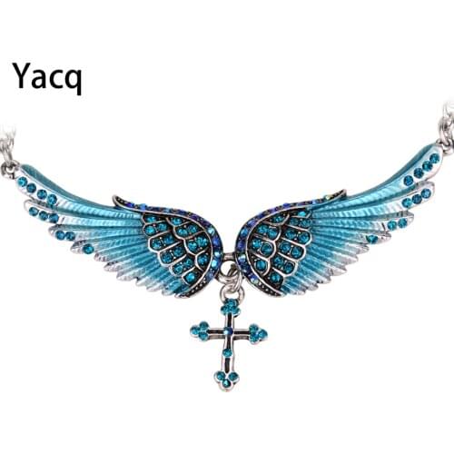 YACQ Angel Wing Cross Choker Necklace Guardian Women Biker Crystal Jewelry Gifts Her Girl Silver Color NC01 Dropshipping (18+2)"