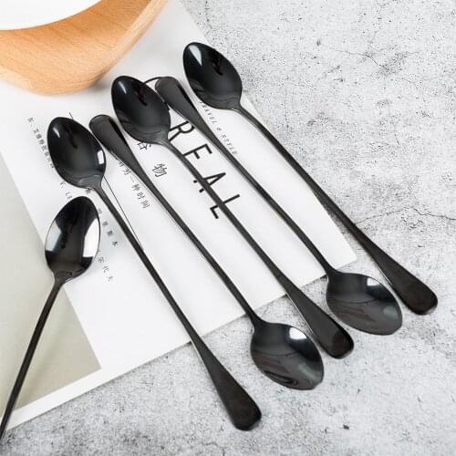 1Pcs Gold Coffee Tea Spoon Stainless Steel Vintage Long Handle Mixing Spoon Honey Dessert Spoon Black Dinnerware Tableware S3