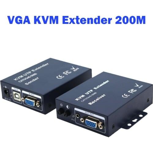 660ft VGA USB Stereo Audio KVM Extender Over RJ45 Cat5 Cat 5e Cat6 Cable 1080P No Delay No Loss VGA Keyboard Mouse Transmitter