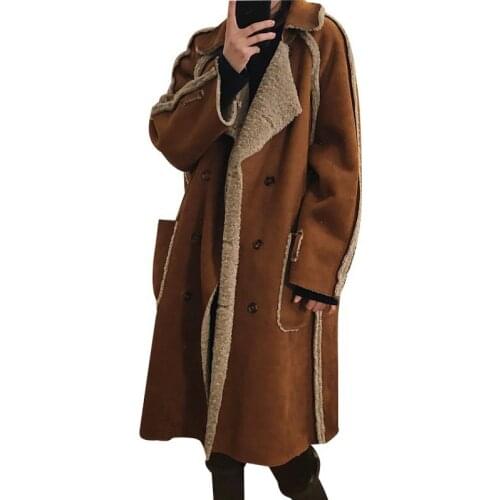 2020 Winter Faux Lamb Wool Fur Suede Leather Maxi Coat Loose Female Outwear Fur Coat Women Both Side Wear Lamb Shearling Jacket