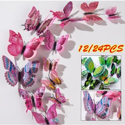 24/12PCS Double Layer 3D Butterfly Wall Sticker Mixed Color Creative Butterflies Wall Stickers DIY Fridge Living Room Home Decor