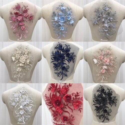 5Pcs Ivory/Black/Navy Embroidery Beaded Lace Applique Fabric Embroidery Trims Wedding Bridal Applique For Stage Costume Dress