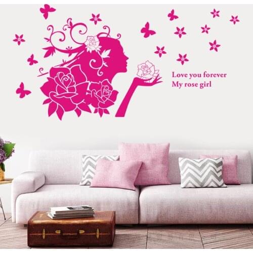 Butterfly Rose girl wall stickers Vinyl DIY Red Rose girl Wall Decals For Living room Girl room Decoration Art Wallpaper