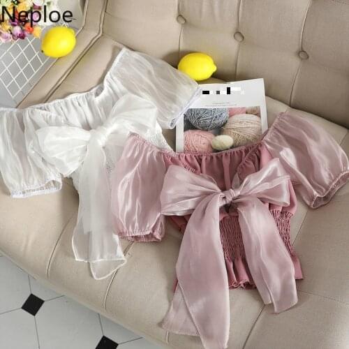 Neploe Sexy Bowknot Women Blouse Summer 2021 New Slash Neck Short Puff Sleeve Ladies Blusa Shirts Sweet Solid Female Tops 1C484