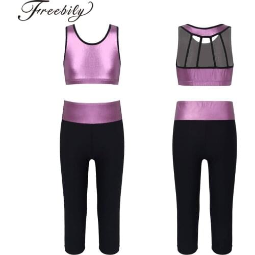 Kids Girls Ballet Dance Costume Outfit Hollow Back Tanks Crop Top With Leggings Pants Dancewear Set Fitness Workout Clothes Suit