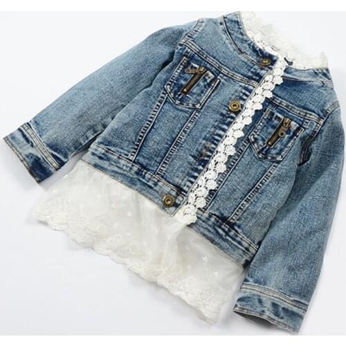 Boutique Denim Jacket for Girls Kids Outfits Fashion Girls Lace Denim Jacket with Lace Children Clothing Outerwear & Coat