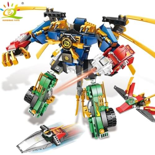 HUIQIBAO 677PCS 4in1 Ninja Mecha Model Building Blocks Dragon Robot Car with Figures City Bricks Educational Toy For Children