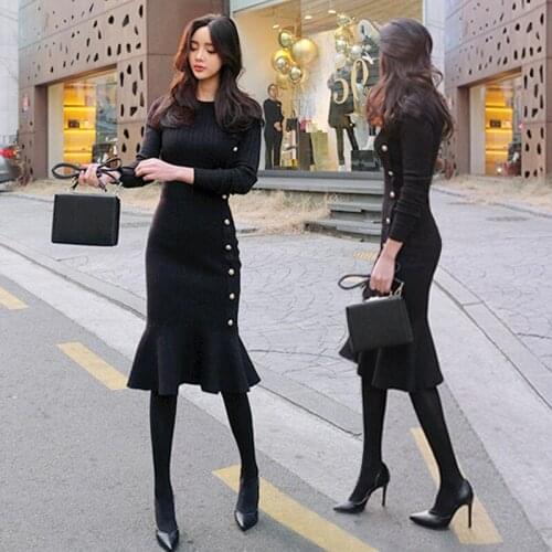 Fashion Women Clothing 2020 Winter Female Korean Mid-Length Bodycon Fishtail One-Piece Knitted Sweater Dress Ladies Base Vestido